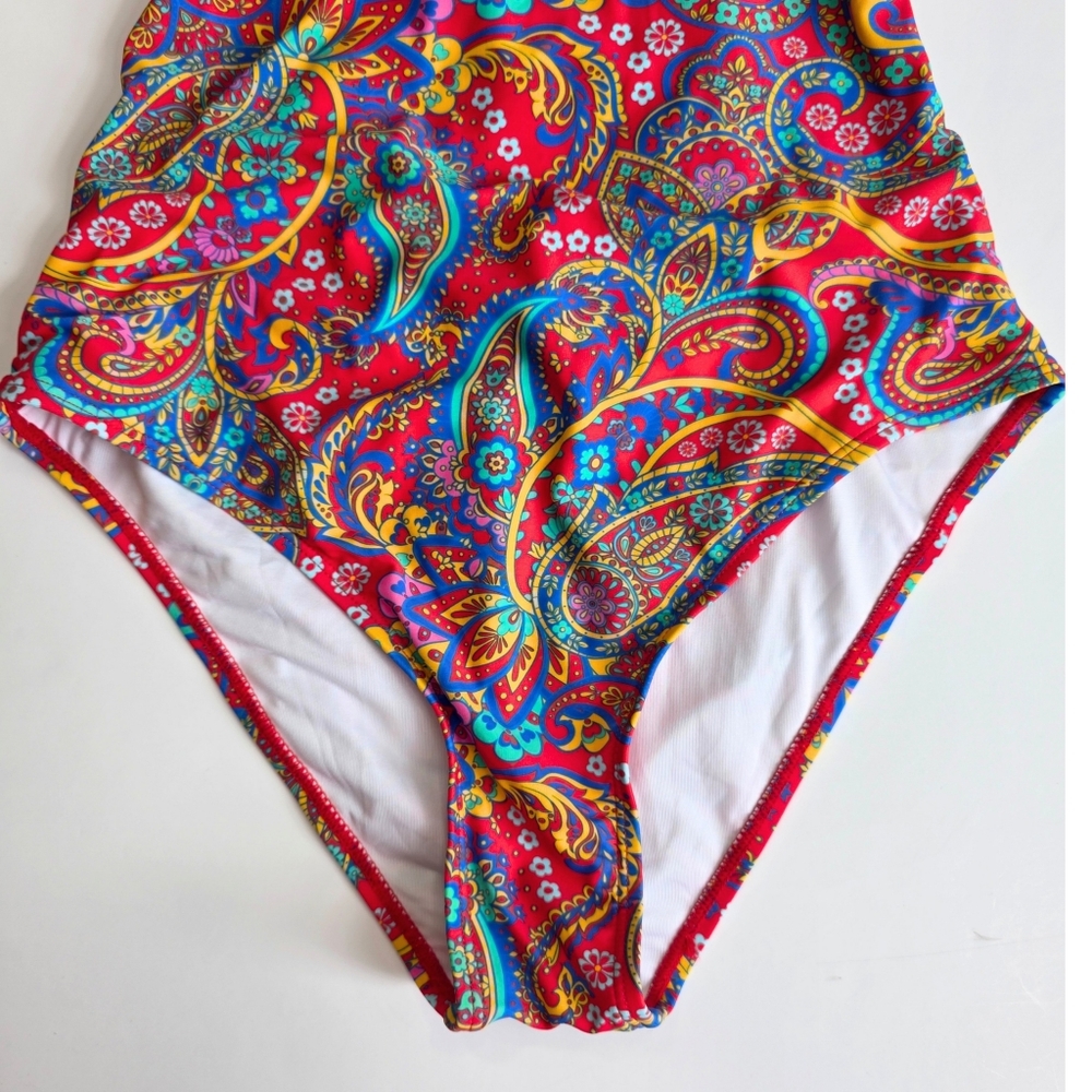 CUPSHE One-Piece Swimsuit Paisley Scoop Neck O-Ring Strappy Back Red Size Small - Picture 5 of 9